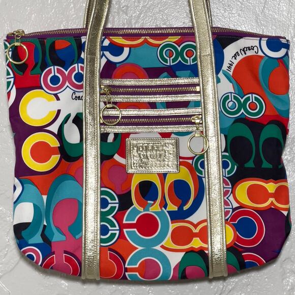 Coach Poppy Signature C Glam Tote Bag Purse Multicolor - Picture 6 of 13